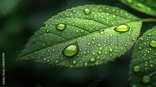 Close-up of green leaves adorned with water droplets.