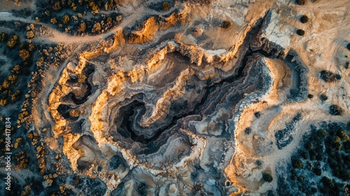 Aerial view of eroded canyon formations