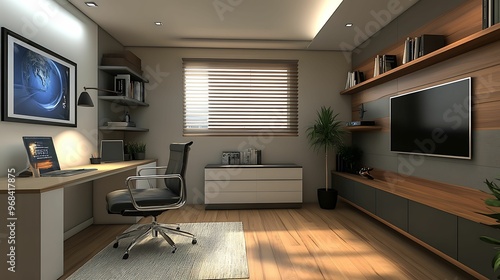 A modern home office featuring a large desk, ergonomic chair, wall-mounted TV, and minimalist shelving, with natural light from a window.