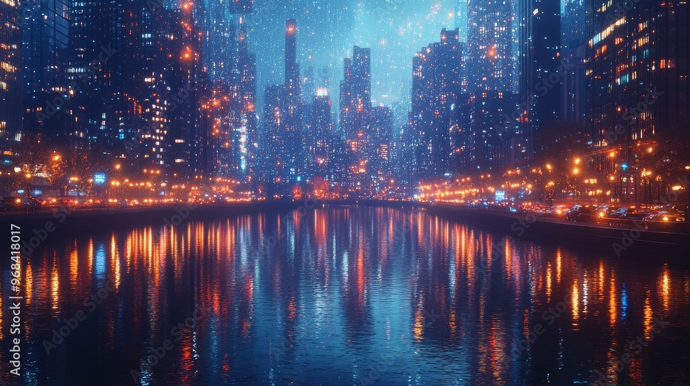 Nighttime Cityscape with Reflections in Water Nighttime Cityscape with Reflections in Water