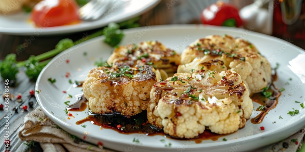 Vegetarian dish of cauliflower steaks with sauce on a white plate selective focus Vegetarian dish of cauliflower steaks with sauce on a white plate selective focus
