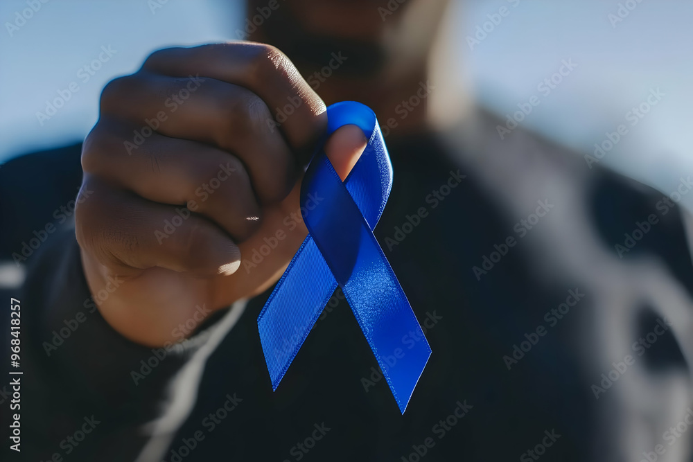 Photo Blue Awareness Ribbon Held by Person with Blurred Background