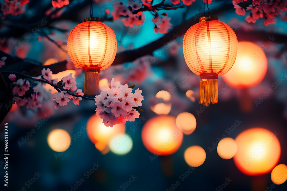 Glowing Chinese Lanterns and Cherry Blossoms Photo Glowing Chinese Lanterns and Cherry Blossoms Photo
