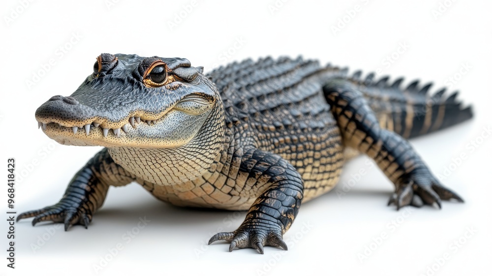 Fototapeta premium Nile crocodile walking with slow, deliberate steps on a white background