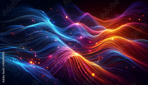 Wallpaper Mural Abstract digital illustration featuring flowing waves of vibrant colors orange blue and purple against a dark background. The waves are composed of small glowing particles Torontodigital.ca