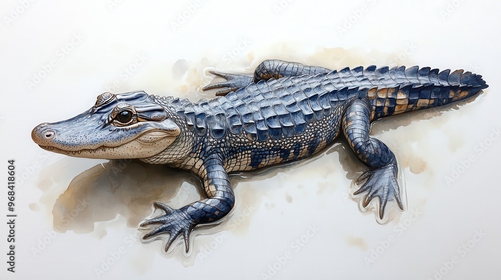 Naklejka premium Overhead view of an alligator gliding through water on a white background, calm and serene