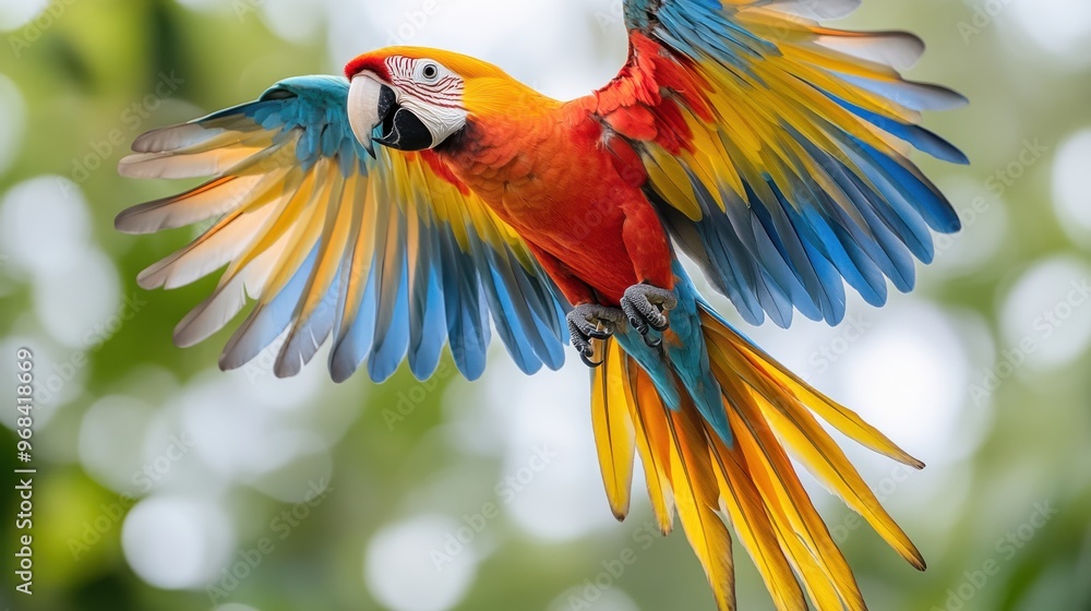 Obraz premium Parrot in mid-flight with wings spread on a white background