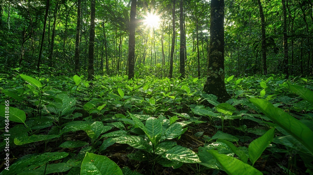 Fototapeta premium Nature conservation in lush forest, reforestation project, restoring ecosystems, growing trees, vibrant foliage, environmental protection, thriving biodiversity, sustainable forest management,