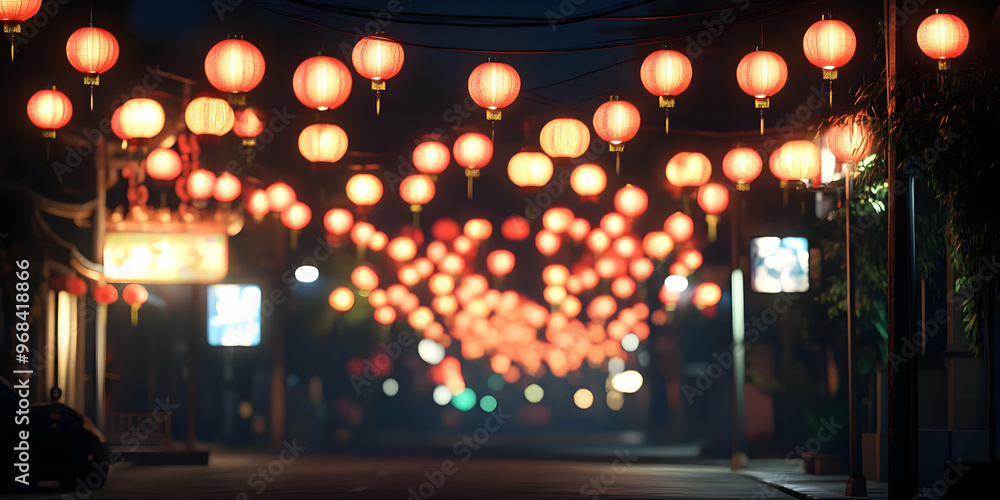Red Lanterns Glowing at Night on a City Street in Chinatown Red Lanterns Glowing at Night on a City Street in Chinatown