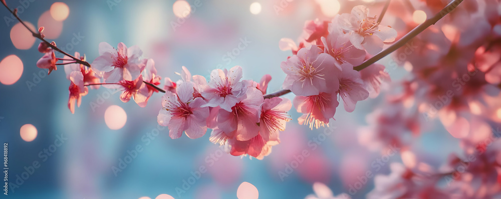 Spring Flowers Abstract Background - Pink Cherry Blossoms Bloom on Blurred Blue Sky, Sunlight Bokeh, Romantic Nature Scene Spring Flowers Abstract Background - Pink Cherry Blossoms Bloom on Blurred Blue Sky, Sunlight Bokeh, Romantic Nature Scene