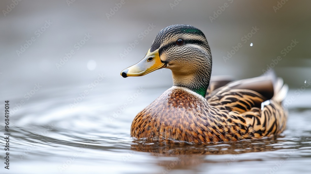 Peaceful scene of a duck swimming alone in a serene pond on a white background Peaceful scene of a duck swimming alone in a serene pond on a white background