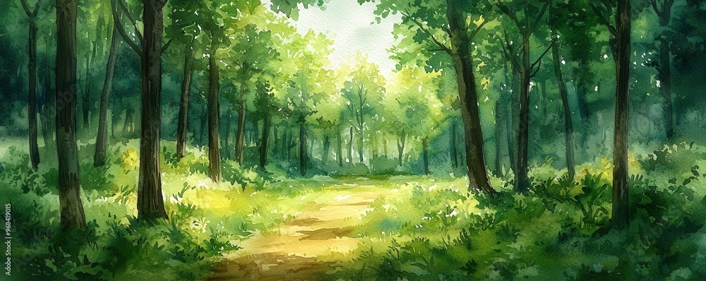 Fototapeta premium Nature conservation through watercolor reforestation, lush forest, restoring ecosystems, rich green tones, harmonious natural scene, Midjourney