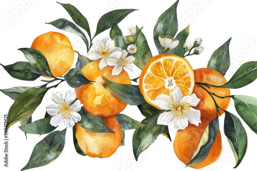 Watercolor Orange Blossom Illustration with Leaves and Oranges
