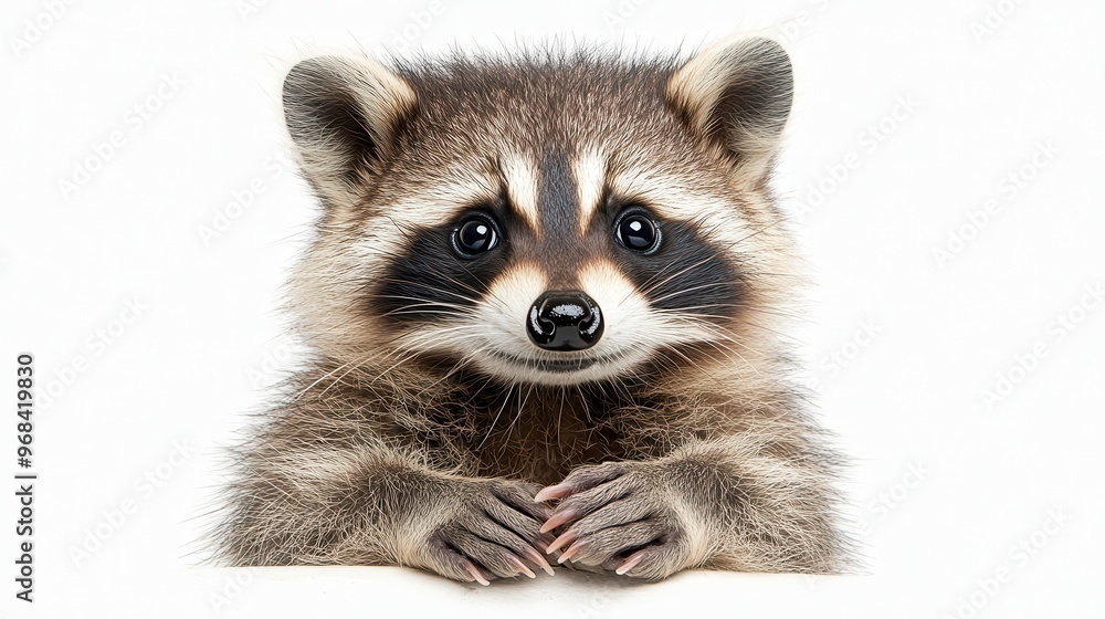 Raccoon holding something in its paws on a white background, detailed and lifelike Raccoon holding something in its paws on a white background, detailed and lifelike