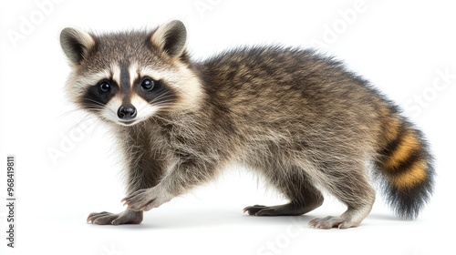 Raccoon holding something in its paws on a white background, detailed and lifelike