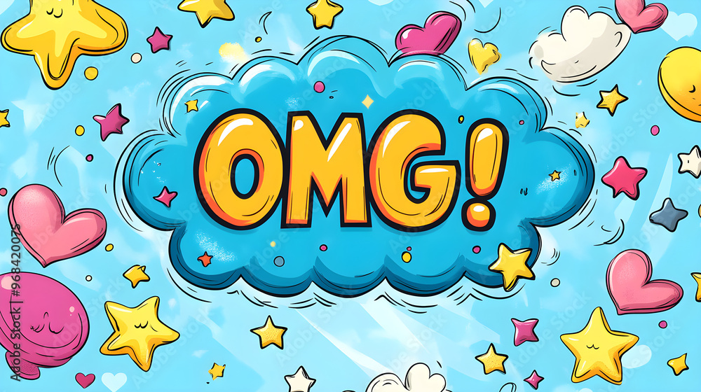 Speech bubble with OMG!, surrounded by cute cartoon elements like stars and hearts Speech bubble with OMG!, surrounded by cute cartoon elements like stars and hearts