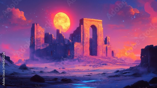 Ancient Ruins Under a Blood-Red Moon in a Fantasy Landscape