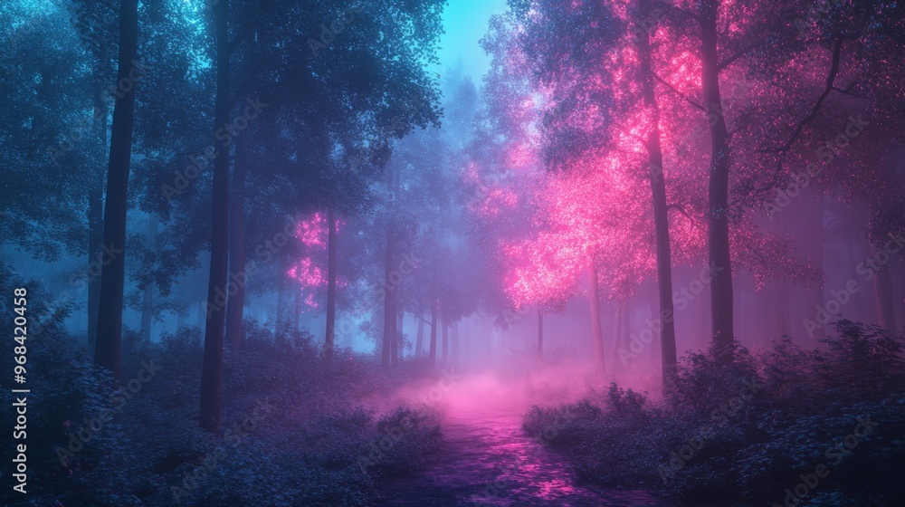 Ethereal Stream Through a Mystical Forest Lit by Neon Pink Glow Ethereal Stream Through a Mystical Forest Lit by Neon Pink Glow