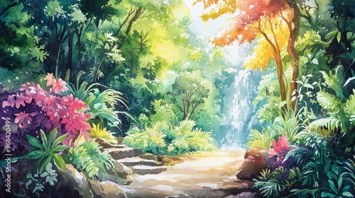 Watercolor illustration of a lush environment with reforestation efforts, growing trees, and ecosystem restoration, vibrant and detailed nature scene, Midjourney photo