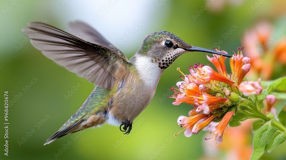 Fototapeta premium Ruby-throated hummingbird feeding from a flower on a white background