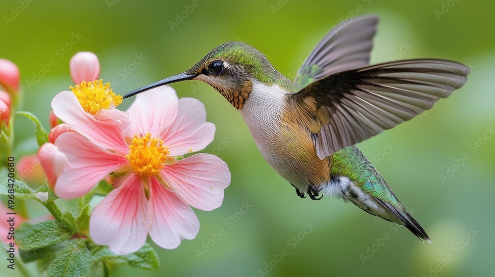 Naklejka premium Ruby-throated hummingbird feeding from a flower on a white background