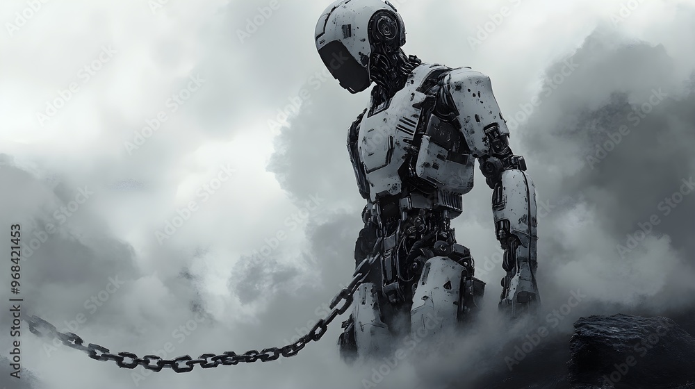 A solitary AI humanoid, shackled by ethereal chains representing law, standing on a misty cliff, pondering its destiny under a stormy sky, steampunk, grayscale, sketch style A solitary AI humanoid, shackled by ethereal chains representing law, standing on a misty cliff, pondering its destiny under a stormy sky, steampunk, grayscale, sketch style