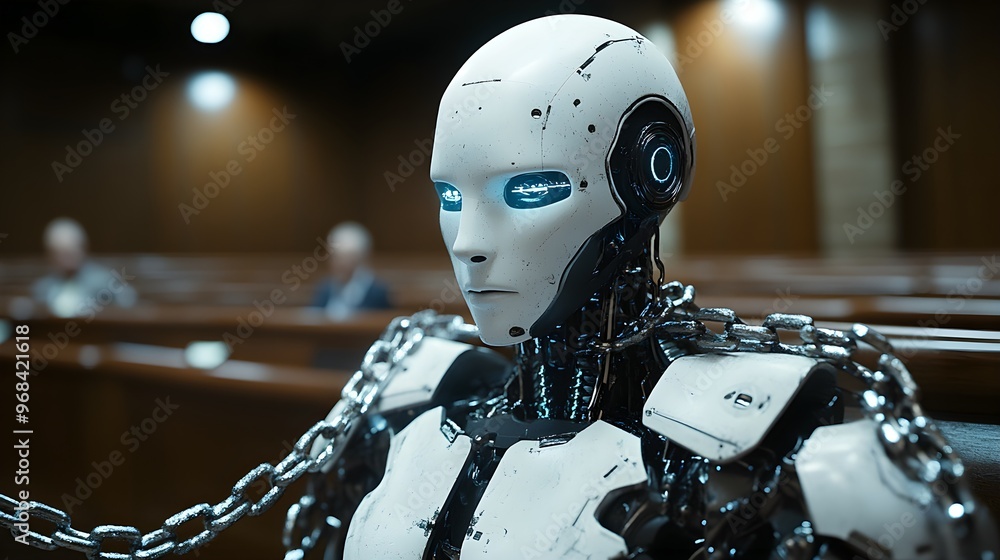 Robotic AI humanoid, shackled by chains, appearing before a judge in a court setting, representing the struggle for AI's legal rights and responsibilities copy space courtroom drama theme dynamic Fusi Robotic AI humanoid, shackled by chains, appearing before a judge in a court setting, representing the struggle for AI's legal rights and responsibilities copy space courtroom drama theme dynamic Fusi