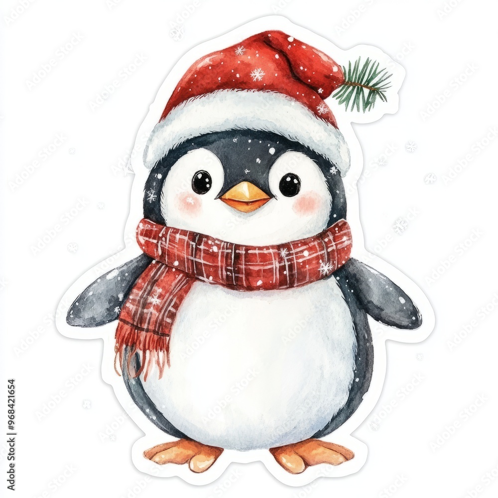 Festive Penguin Sticker - Adorable Christmas Penguin with Hat and Scarf on White Background Festive Penguin Sticker - Adorable Christmas Penguin with Hat and Scarf on White Background
