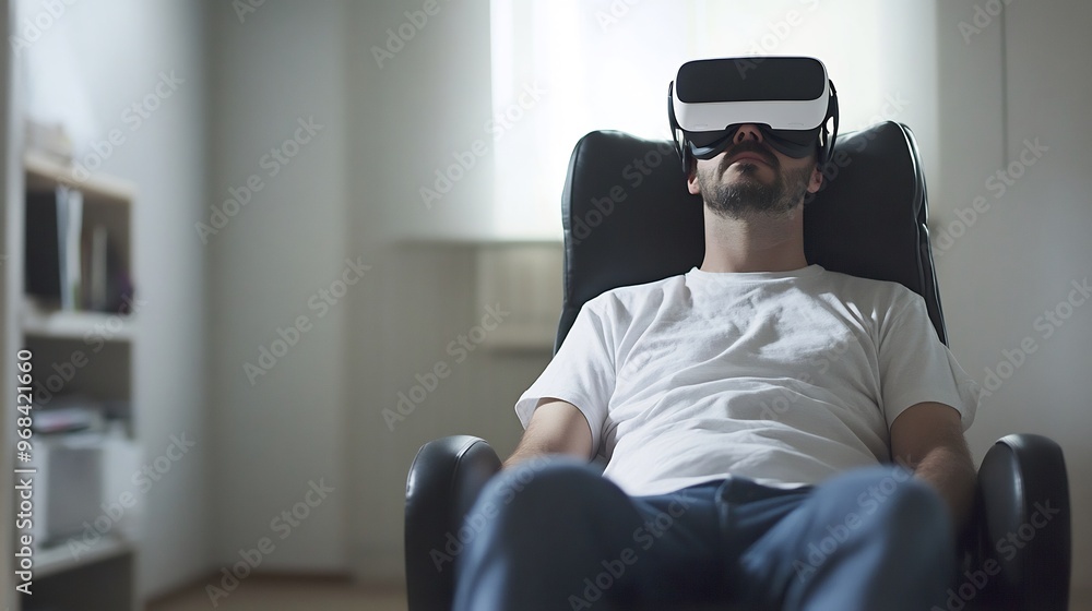 Man wearing VR headset relaxed in a leather chair. Man wearing VR headset relaxed in a leather chair.