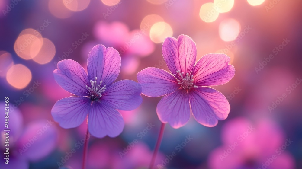 Purple flowers in soft focus with warm bokeh lights. Nature and tranquility concept Purple flowers in soft focus with warm bokeh lights. Nature and tranquility concept