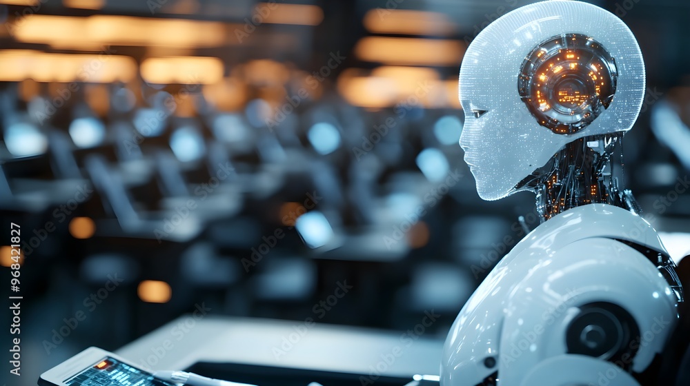 Fototapeta premium A futuristic courtroom where an AI robot is shackled by laws, with a determined lawyer advocating for its freedom selective focus, AI rights, dynamic, overlay, modern courthouse backdrop