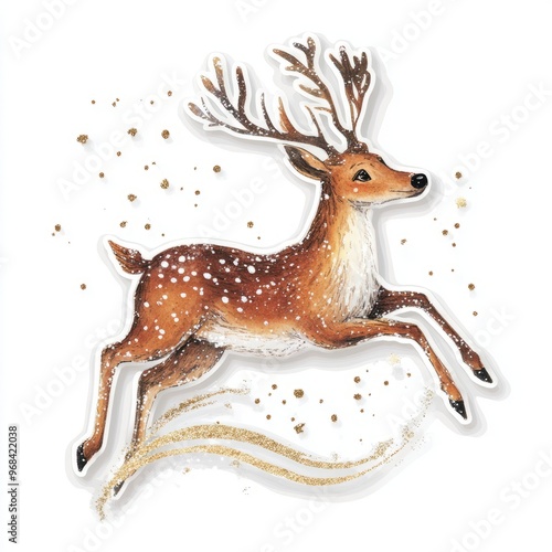 Enchanting Flying Reindeer Sticker with Glittery Trails on White Background photo