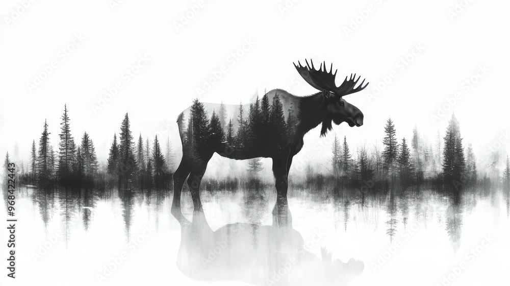 Silhouette of a moose on a stark white background, strong contrast Silhouette of a moose on a stark white background, strong contrast