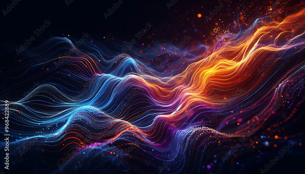 Abstract digital illustration featuring flowing waves of vibrant colors orange blue and purple against a dark background. The waves are composed of small glowing particles Abstract digital illustration featuring flowing waves of vibrant colors orange blue and purple against a dark background. The waves are composed of small glowing particles