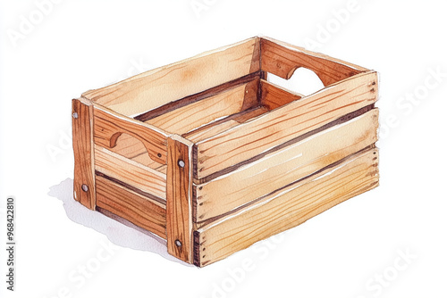 Handmade wooden crate illustration in watercolor style, showcasing its rustic charm and craftsmanship. Perfect for decorative or storage purposes