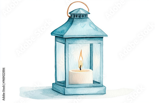 A watercolor illustration of rustic lantern featuring glowing candle inside, evoking warm and cozy atmosphere. soft blue color adds serene touch to design