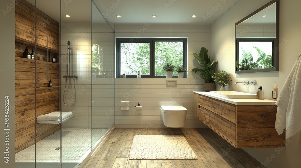 Modern bathroom with wooden accents and natural light. Modern bathroom with wooden accents and natural light.