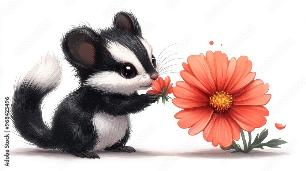 Skunk cartoon holding a flower on a white background, sweet and charming Skunk cartoon holding a flower on a white background, sweet and charming
