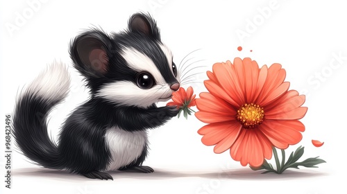 Skunk cartoon holding a flower on a white background, sweet and charming photo