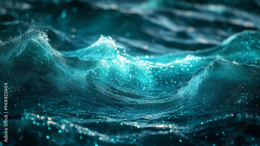 Naklejka premium Sparkling Teal Water Waves with Bokeh