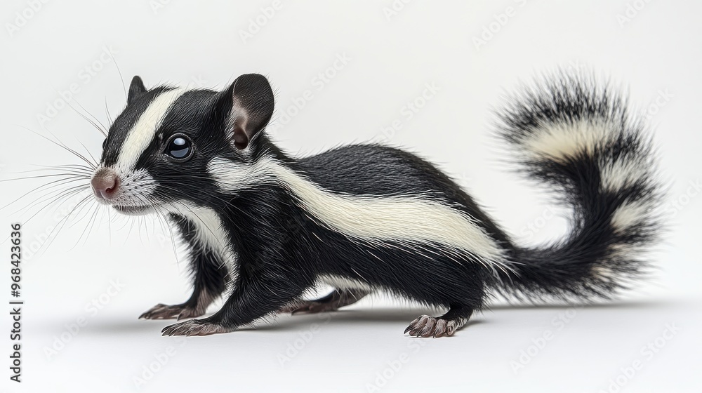 Skunk tail with distinctive black and white stripes on a white background Skunk tail with distinctive black and white stripes on a white background