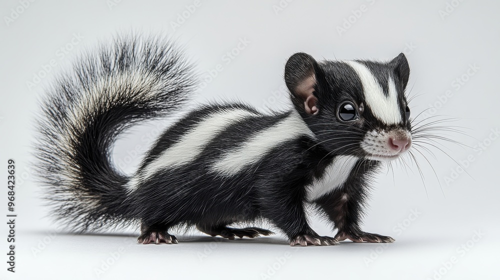 Skunk tail with distinctive black and white stripes on a white background Skunk tail with distinctive black and white stripes on a white background