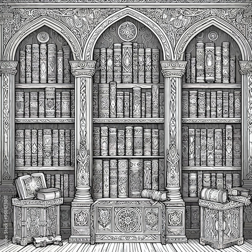 large, ornate bookshelf with books that have glowing runes on their spines coloring page 
