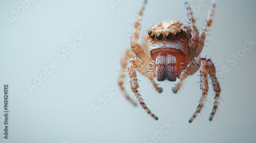 Spider hanging from a single thread on a white background, minimalist composition