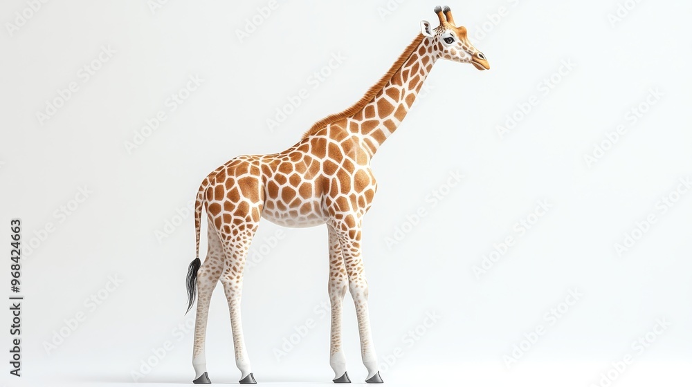 Obraz premium Tall giraffe clipart with a long neck on a white background, cartoon style