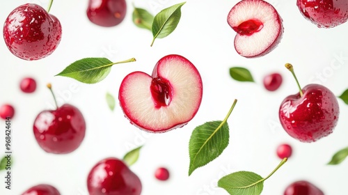 Surinam Cherry with half slices falling or floating in the air with green leaves isolated on a white background.