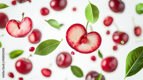 Surinam Cherry with half slices falling or floating in the air with green leaves isolated on a white background.