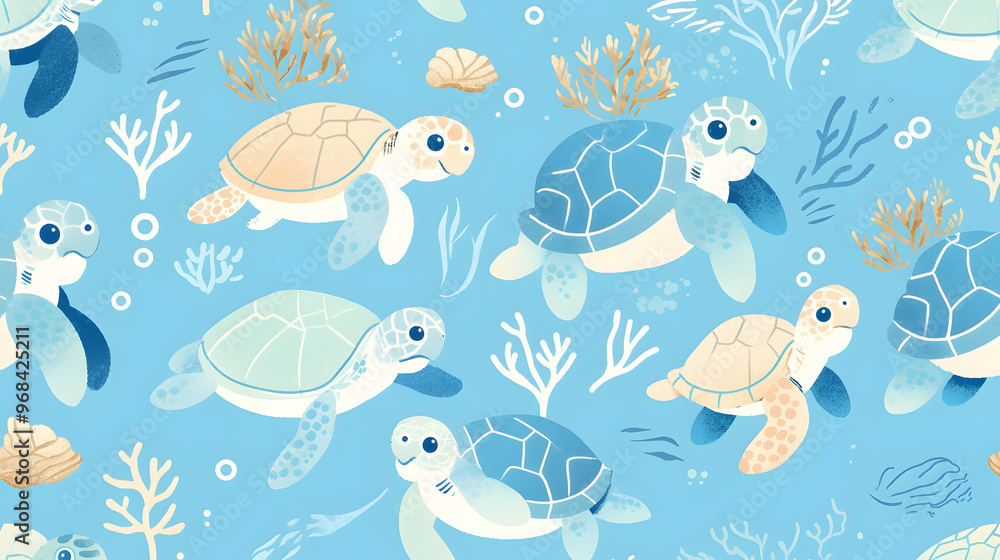Cute cartoon sea turtles with sea corals and bubbles, ocean animal themed, blue seamless wallpaper and background. for material, fabric pattern Cute cartoon sea turtles with sea corals and bubbles, ocean animal themed, blue seamless wallpaper and background. for material, fabric pattern