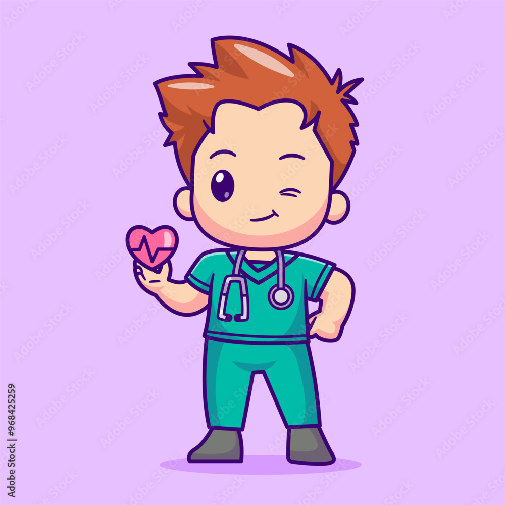 Obraz premium Cute Doctor Holding Love Heart with Stethoscope Cartoon Vector Icon Illustration. People Health Icon Concept Isolated PremiumVector. Flat Cartoon Style