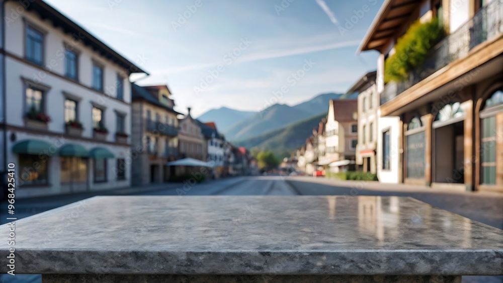 Naklejka premium Empty stone or marble tabletop or counter with display product with blured city, town, outdoor background.